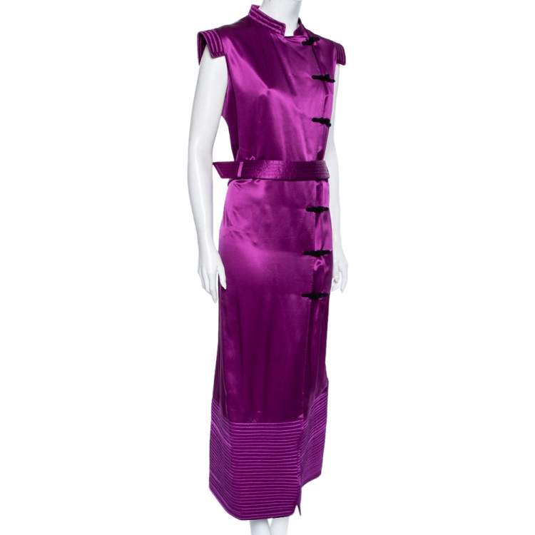 Pre Owned Saint Laurent Purple Silk Quilted Detailed Oriental Button Belted Dress L