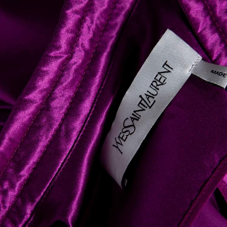 Pre Owned Saint Laurent Purple Silk Quilted Detailed Oriental Button Belted Dress L