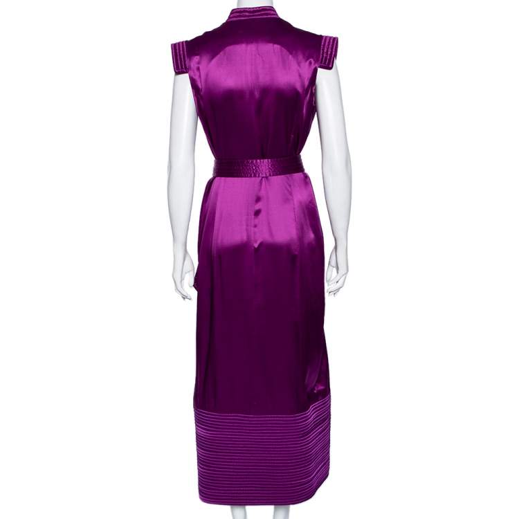 Pre Owned Saint Laurent Purple Silk Quilted Detailed Oriental Button Belted Dress L