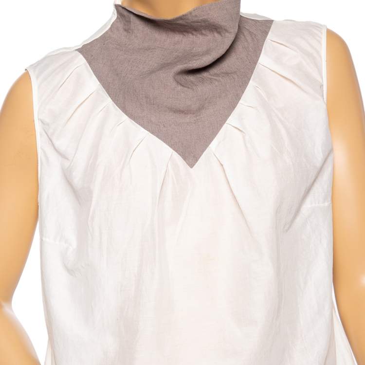 Pre Owned Saint Laurent Off White Cotton Contrast Neck Detailed Top XL