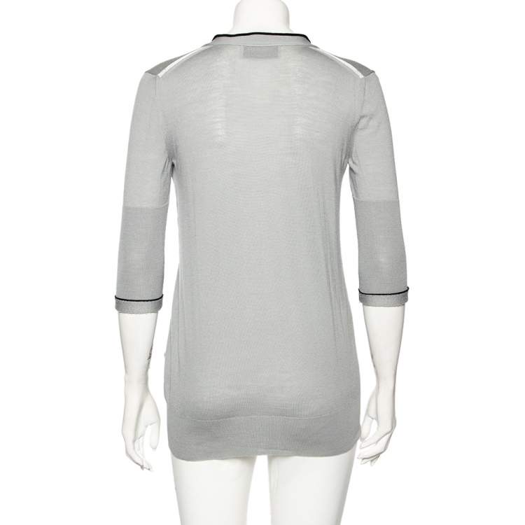 Pre Owned Saint Laurent Grey Wool Knit Contrast Trim Detailed Button Front Cardigan S