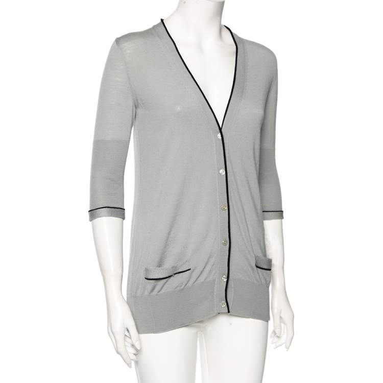 Pre Owned Saint Laurent Grey Wool Knit Contrast Trim Detailed Button Front Cardigan S
