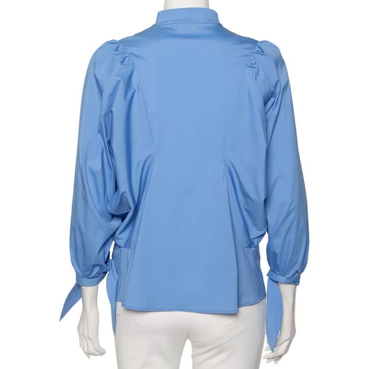 Pre Owned Yves Saint Laurent Blue Cotton Ruffled Neck Detail Button Front Shirt M