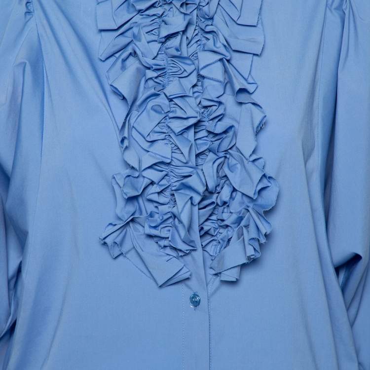 Pre Owned Yves Saint Laurent Blue Cotton Ruffled Neck Detail Button Front Shirt M