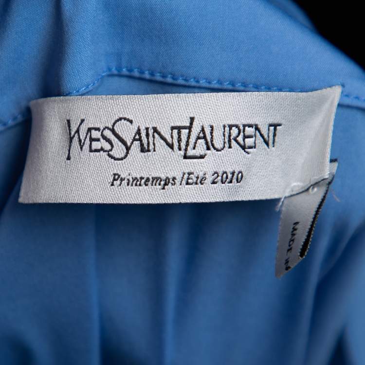 Pre Owned Yves Saint Laurent Blue Cotton Ruffled Neck Detail Button Front Shirt M