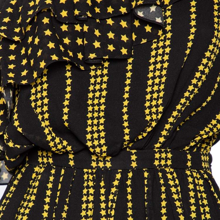 Pre Owned Saint Laurent Black & Yellow Star & Stripes Printed Georgette Mini Dress L
