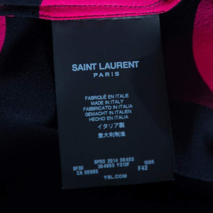 Pre Owned Saint Laurent Black & Pink Polka Dotted Silk Long Sleeve Blouse L
