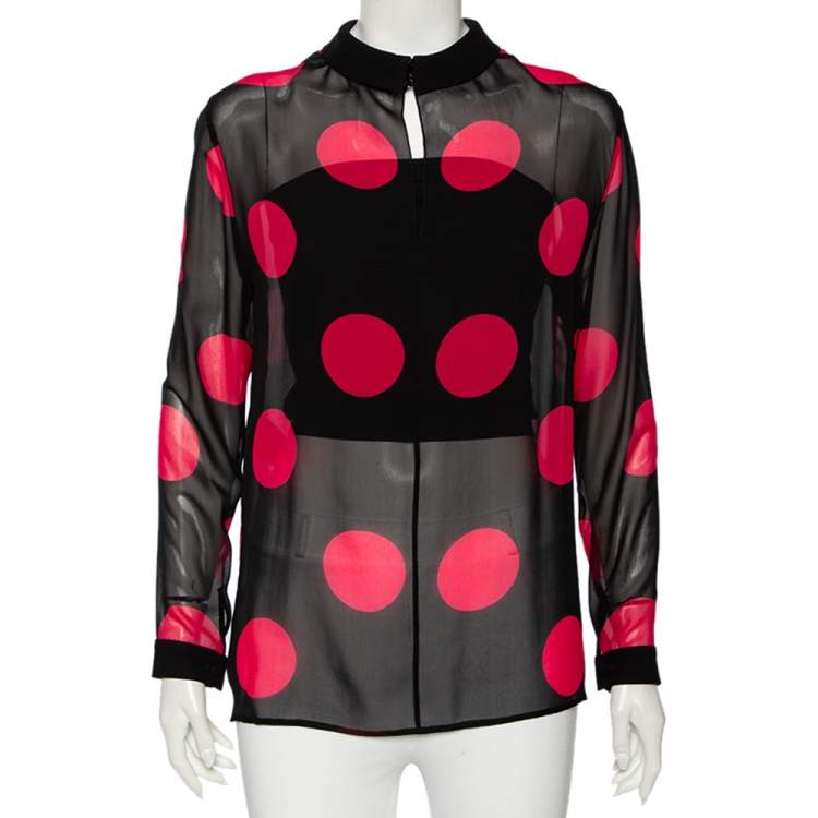 Pre Owned Saint Laurent Black & Pink Polka Dotted Silk Long Sleeve Blouse L