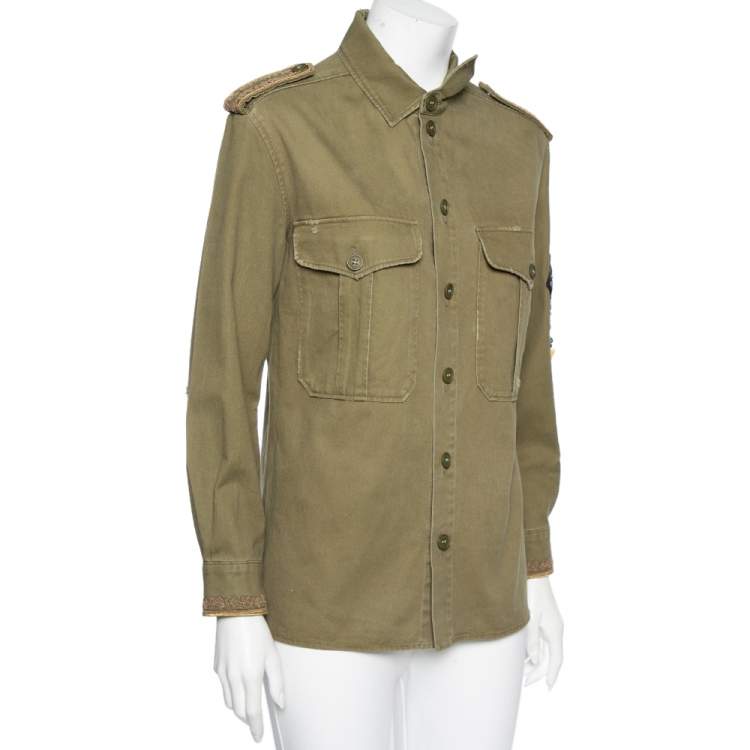 Pre Owned Saint Laurent Olive Green Cotton & Embellished Military Jacket M