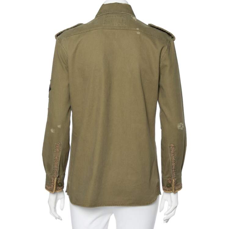Pre Owned Saint Laurent Olive Green Cotton & Embellished Military Jacket M