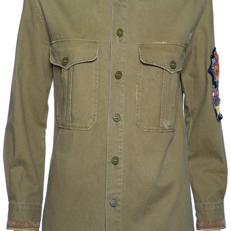Pre Owned Saint Laurent Olive Green Cotton & Embellished Military Jacket M