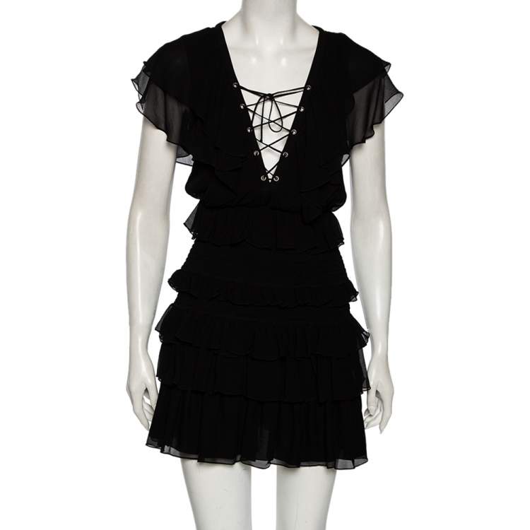 Pre Owned Saint Laurent Black Silk Chiffon Smocked Detail Ruffled Dress M