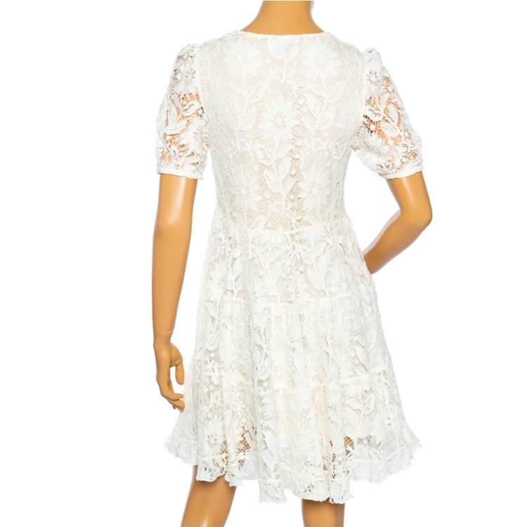 Pre Owned Saint Laurent Cream Lace Ruffle Hem Detailed Short Dress M