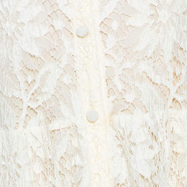 Pre Owned Saint Laurent Cream Lace Ruffle Hem Detailed Short Dress M