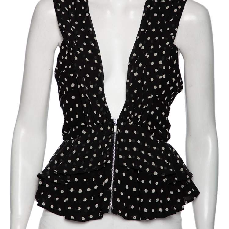 Pre Owned Saint Laurent Black Polka Dotted Silk Georgette Sleeveless Ruffled Top S