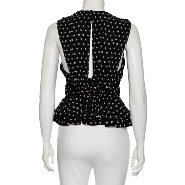 Pre Owned Saint Laurent Black Polka Dotted Silk Georgette Sleeveless Ruffled Top S