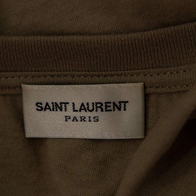 Pre Owned Saint Laurent Taupe Logo Printed Cotton Asymmetric Hem Detail T-Shirt S