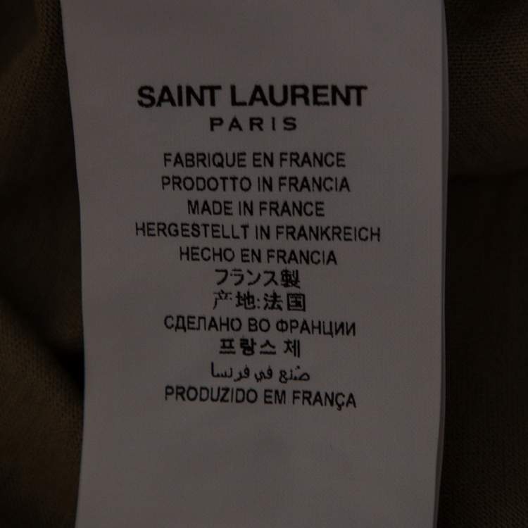 Pre Owned Saint Laurent Taupe Logo Printed Cotton Asymmetric Hem Detail T-Shirt S