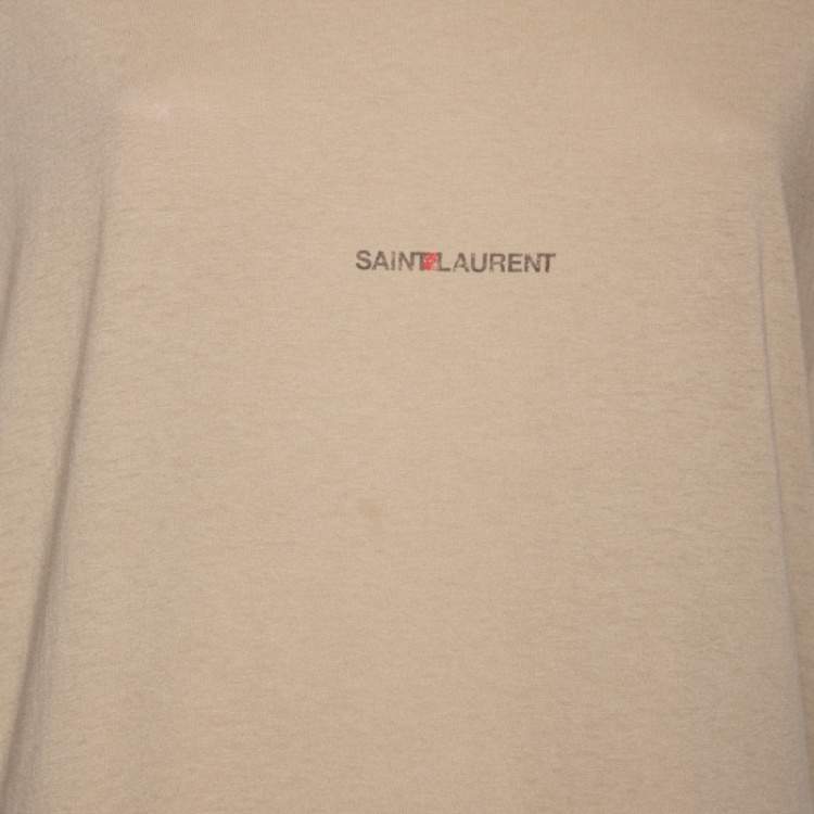 Pre Owned Saint Laurent Taupe Logo Printed Cotton Asymmetric Hem Detail T-Shirt S