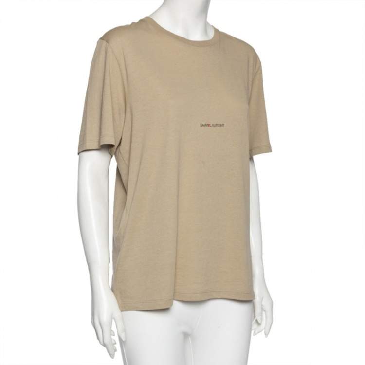 Pre Owned Saint Laurent Taupe Logo Printed Cotton Asymmetric Hem Detail T-Shirt S
