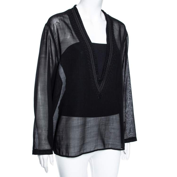 Pre Owned Saint Laurent Black Wool Lace Trimmed V-Neck Blouse S
