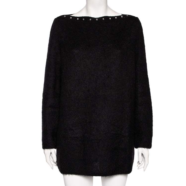 Pre Owned Saint Laurent Black Mohair Stud Embellished Neck Detailed Sweater XL