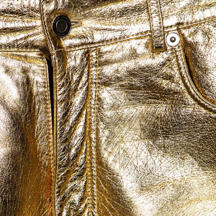 Pre Owned Saint Laurent Gold Laminated Leather Shorts S