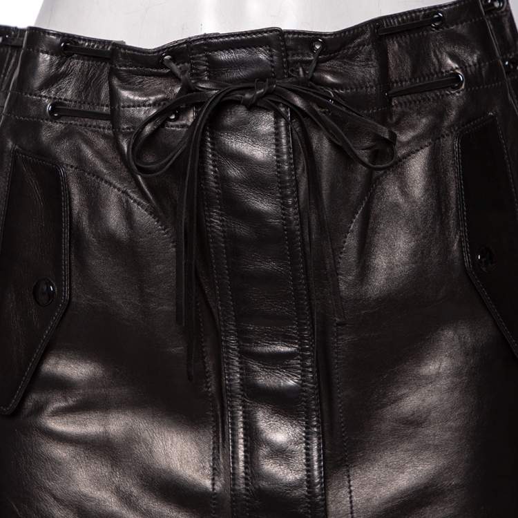 Pre Owned Saint Laurent Black Leather Lace-Up Detail Fringed Mini Skirt S