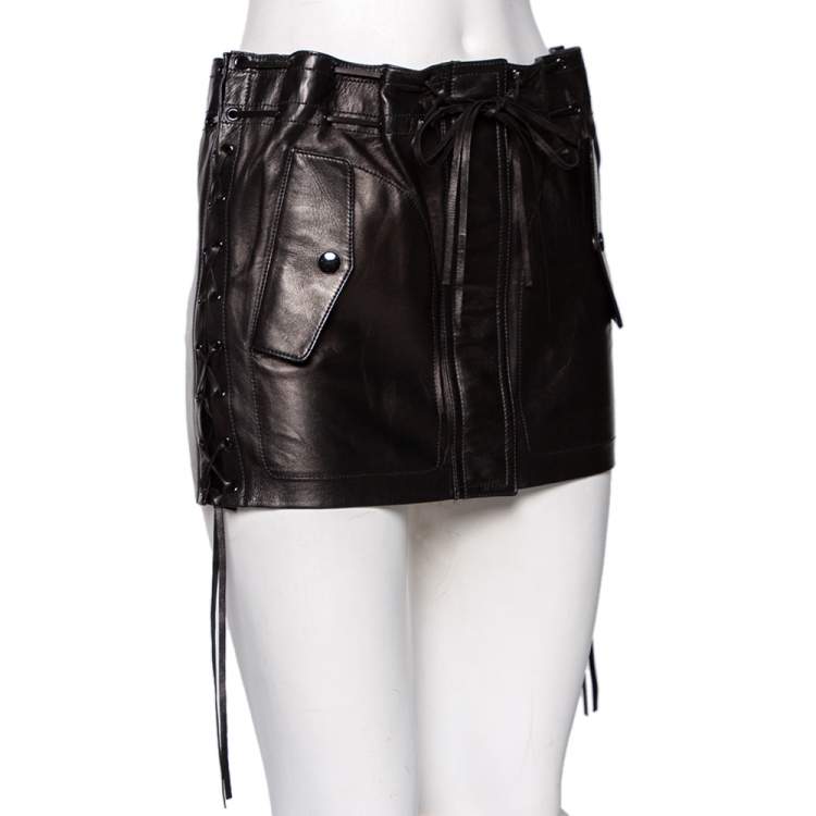 Pre Owned Saint Laurent Black Leather Lace-Up Detail Fringed Mini Skirt S