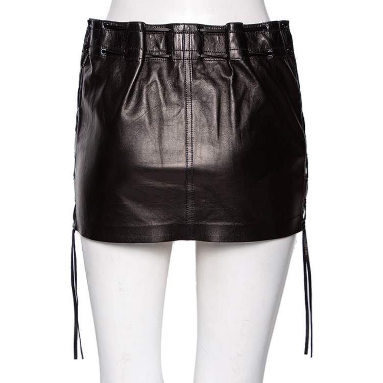 Pre Owned Saint Laurent Black Leather Lace-Up Detail Fringed Mini Skirt S