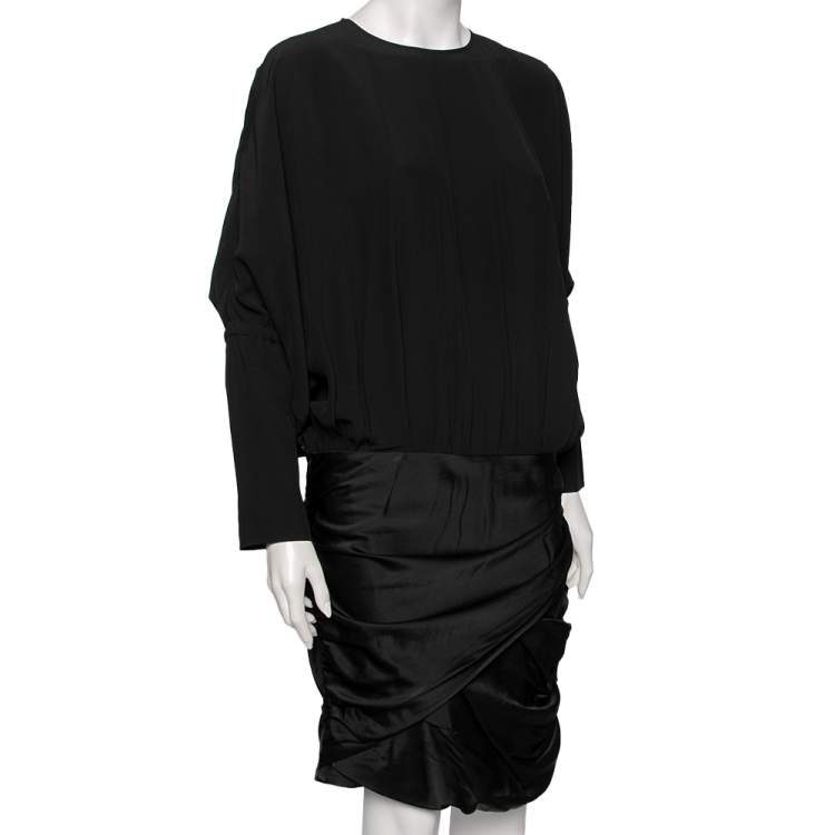 Pre Owned Saint Laurent Black Crape & Satin Ruched Detailed Dress L