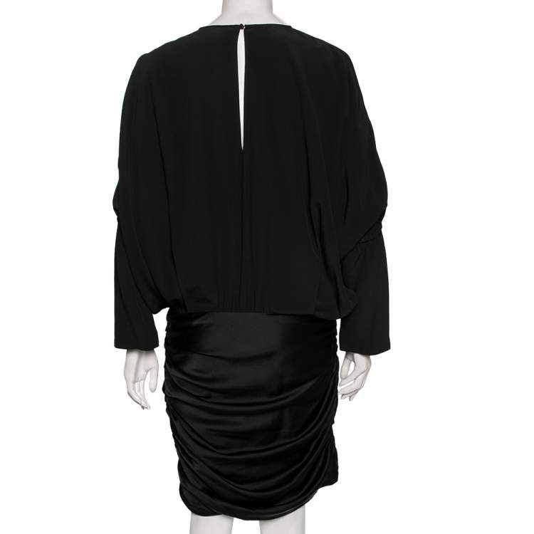 Pre Owned Saint Laurent Black Crape & Satin Ruched Detailed Dress L