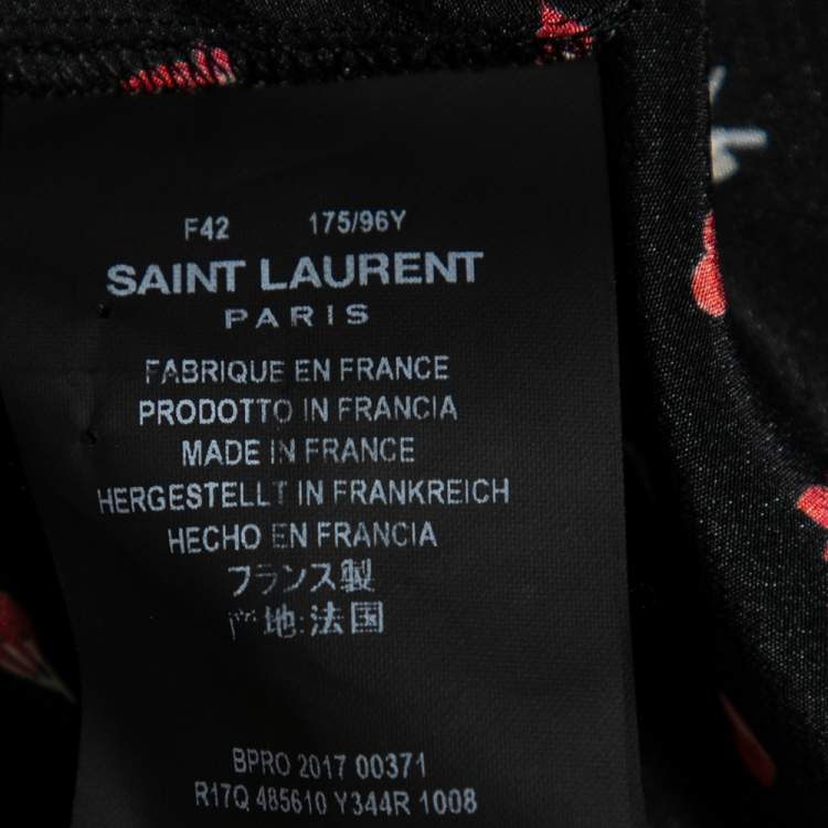 Pre Owned Saint Laurent Black Heart & Fire Printed Silk Neck Tie Detail Mini Dress L