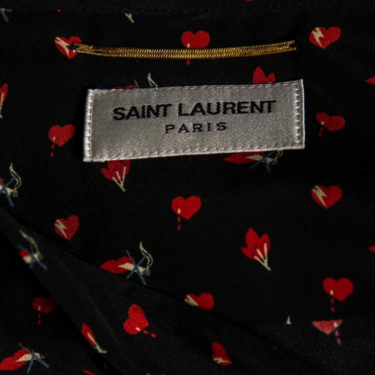 Pre Owned Saint Laurent Black Heart & Fire Printed Silk Neck Tie Detail Mini Dress L