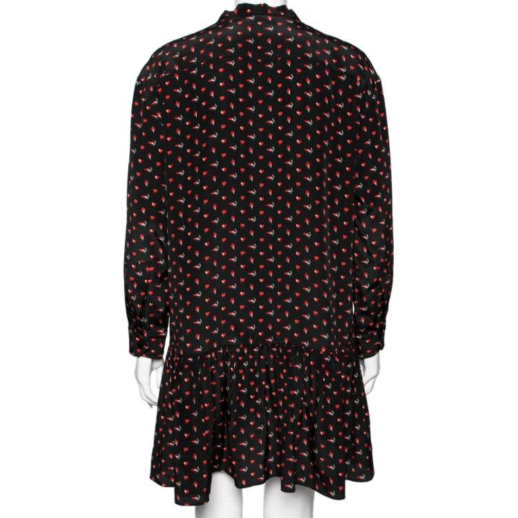 Pre Owned Saint Laurent Black Heart & Fire Printed Silk Neck Tie Detail Mini Dress L