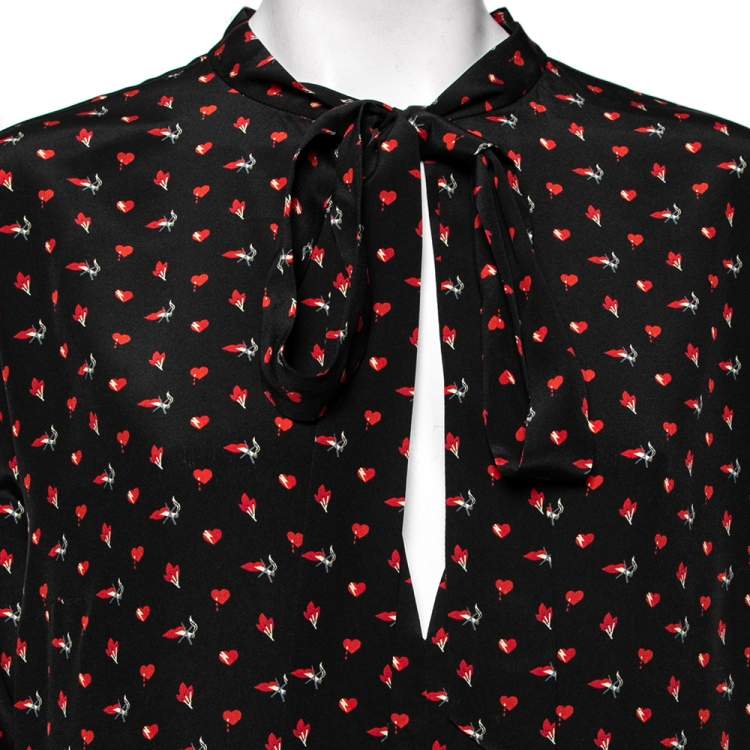 Pre Owned Saint Laurent Black Heart & Fire Printed Silk Neck Tie Detail Mini Dress L