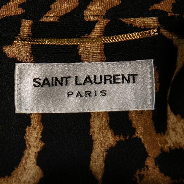 Pre Owned Saint Laurent Brown Leopard Printed Silk Neck Tie Detail Dress L