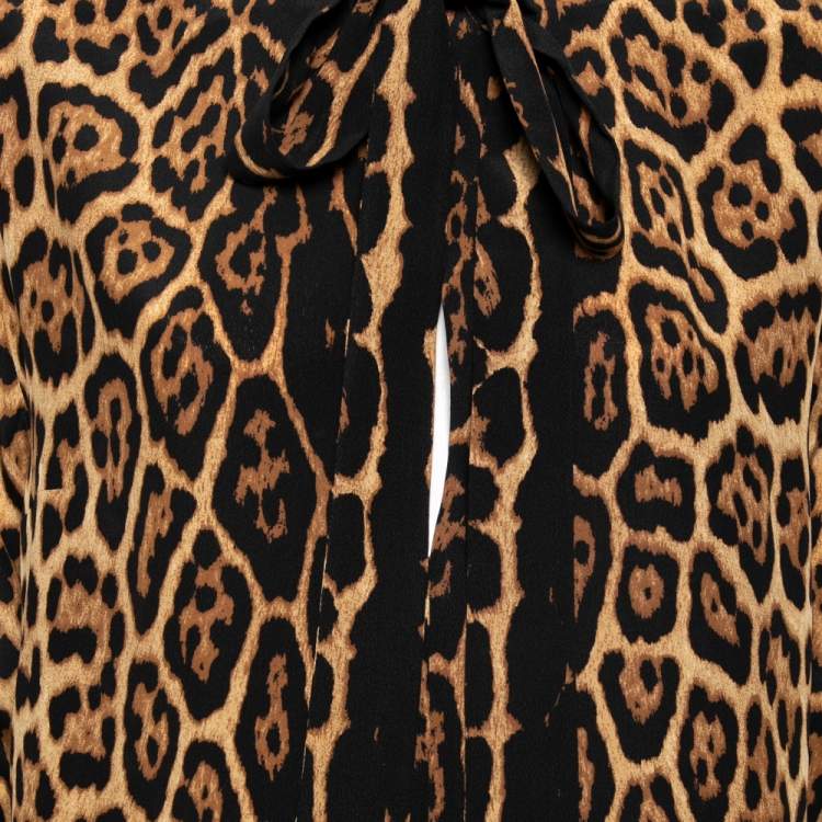 Pre Owned Saint Laurent Brown Leopard Printed Silk Neck Tie Detail Dress L