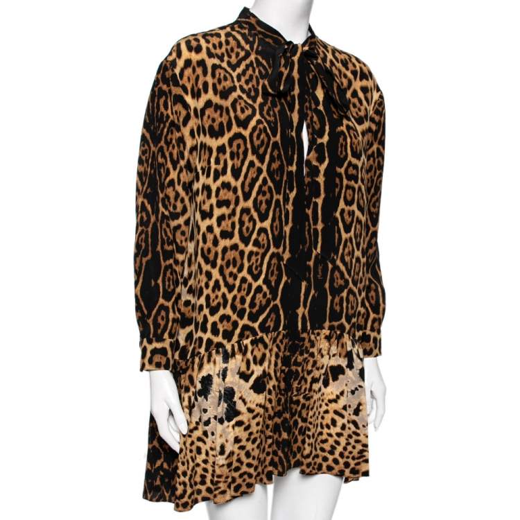 Pre Owned Saint Laurent Brown Leopard Printed Silk Neck Tie Detail Dress L