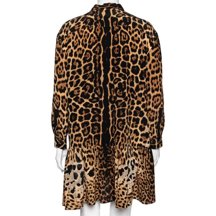 Pre Owned Saint Laurent Brown Leopard Printed Silk Neck Tie Detail Dress L
