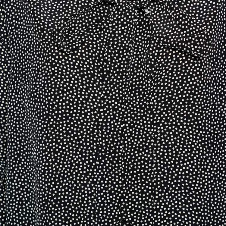 Pre Owned Saint Laurent Monochrome Polka Dotted Silk Neck Tie Detail Dress L