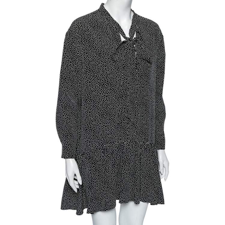 Pre Owned Saint Laurent Monochrome Polka Dotted Silk Neck Tie Detail Dress L