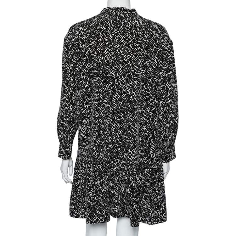 Pre Owned Saint Laurent Monochrome Polka Dotted Silk Neck Tie Detail Dress L