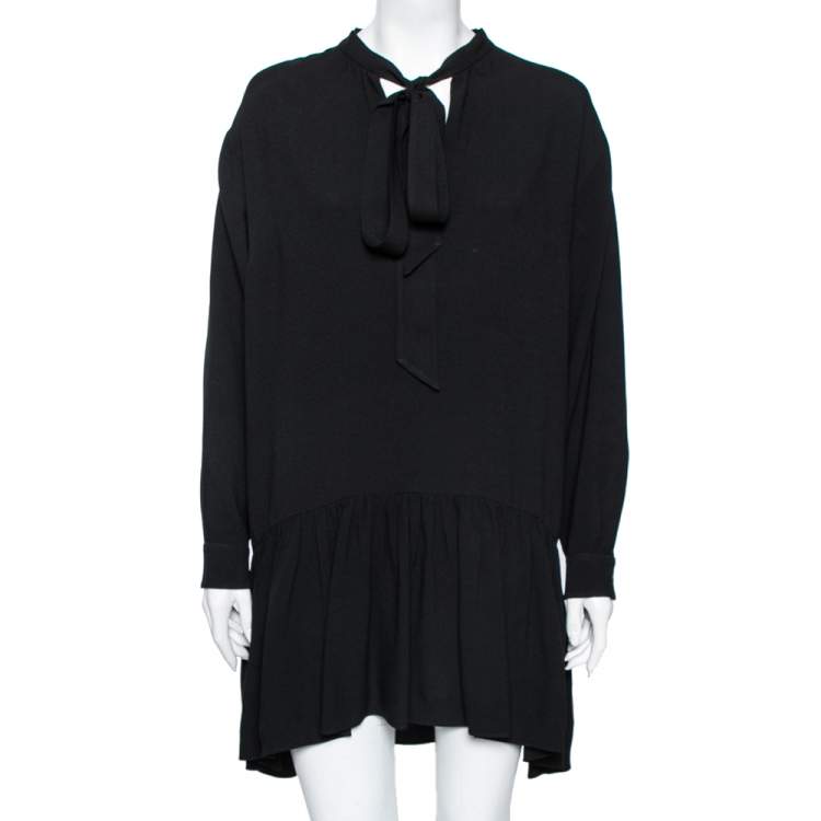 Pre Owned Saint Laurent Black Crepe Neck Tie Detailed Long Sleeve Dress L
