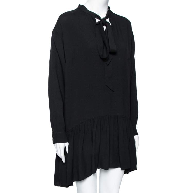 Pre Owned Saint Laurent Black Crepe Neck Tie Detailed Long Sleeve Dress L