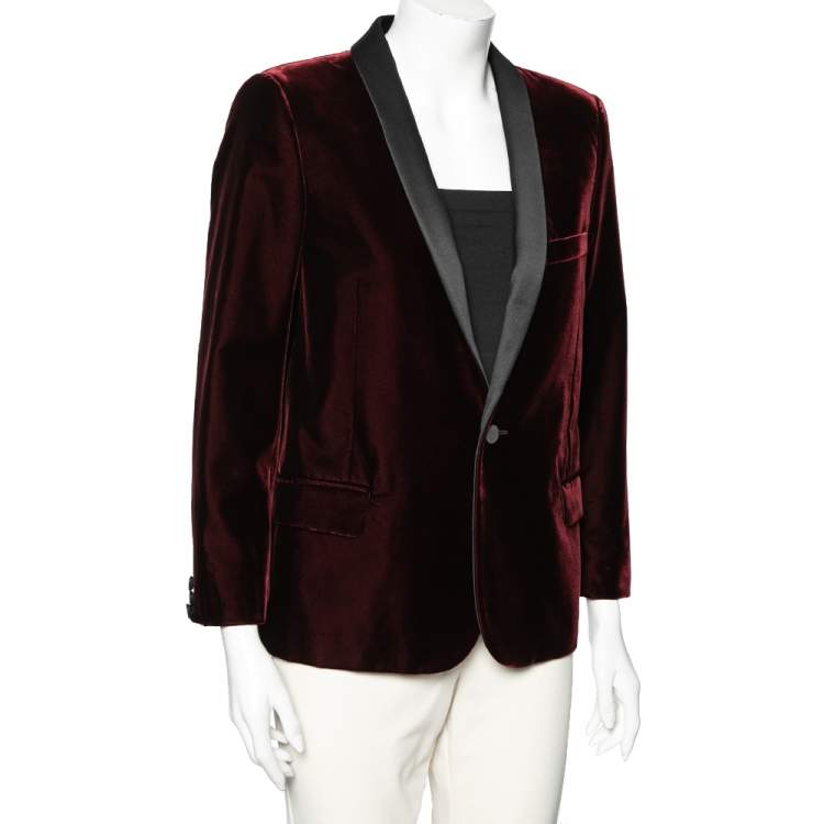 Pre Owned Saint Laurent Burgundy Velvet & Satin Lapel Detailed Blazer L