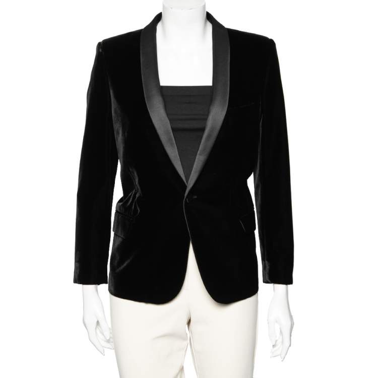 Pre Owned Saint Laurent Black Velvet & Satin Lapel Detailed Blazer L