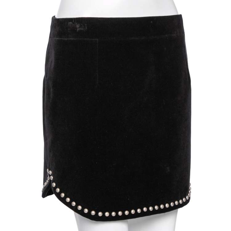 Pre Owned Saint Laurent Black Velvet Stud Embellished Asymmetric Mini Skirt L