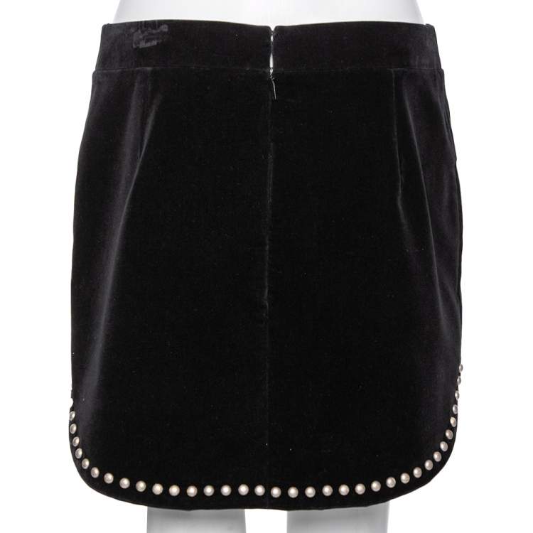 Pre Owned Saint Laurent Black Velvet Stud Embellished Asymmetric Mini Skirt L