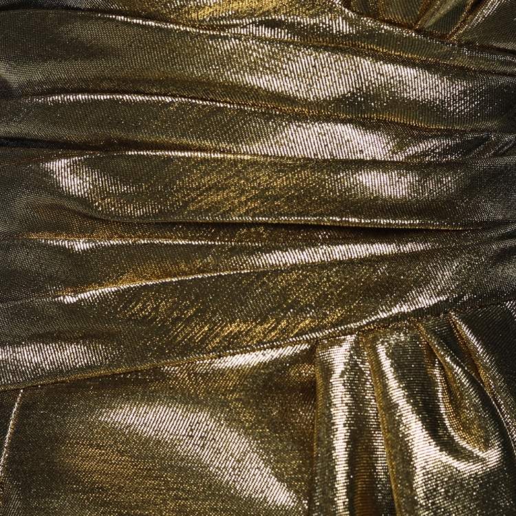 Pre Owned Saint Laurent Gold Lurex Bow Detail Strapless Mini Dress XL